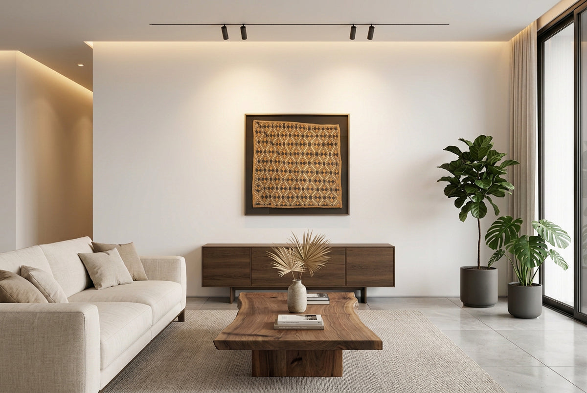 framed kuba textile mounted on a wall in a modern home- afrahouse