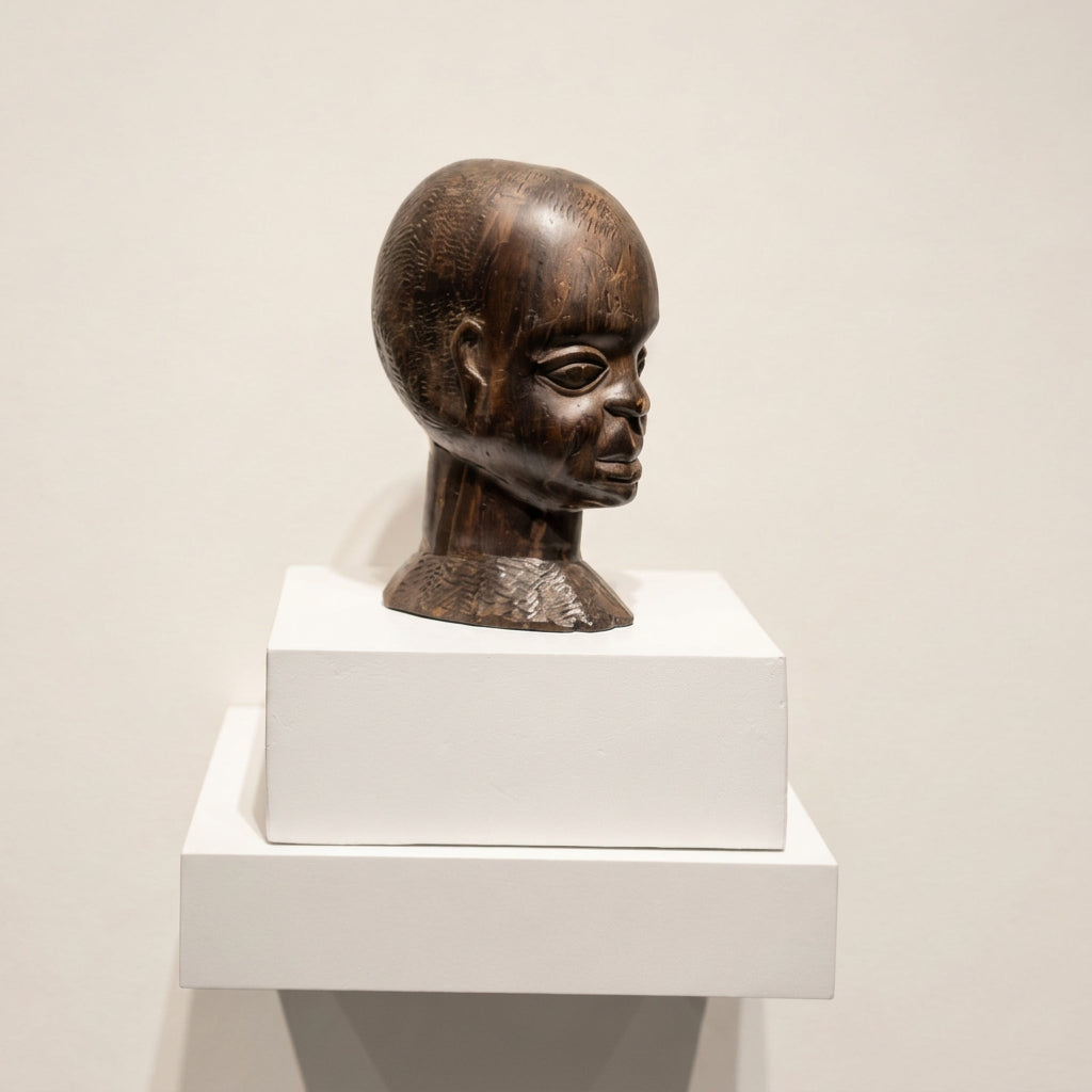 hand carved west african head on a white plinth