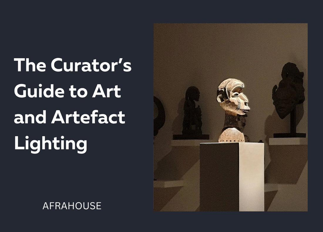 Idoma mask on a plinth in a dimly lit art gallery - Afrahouse