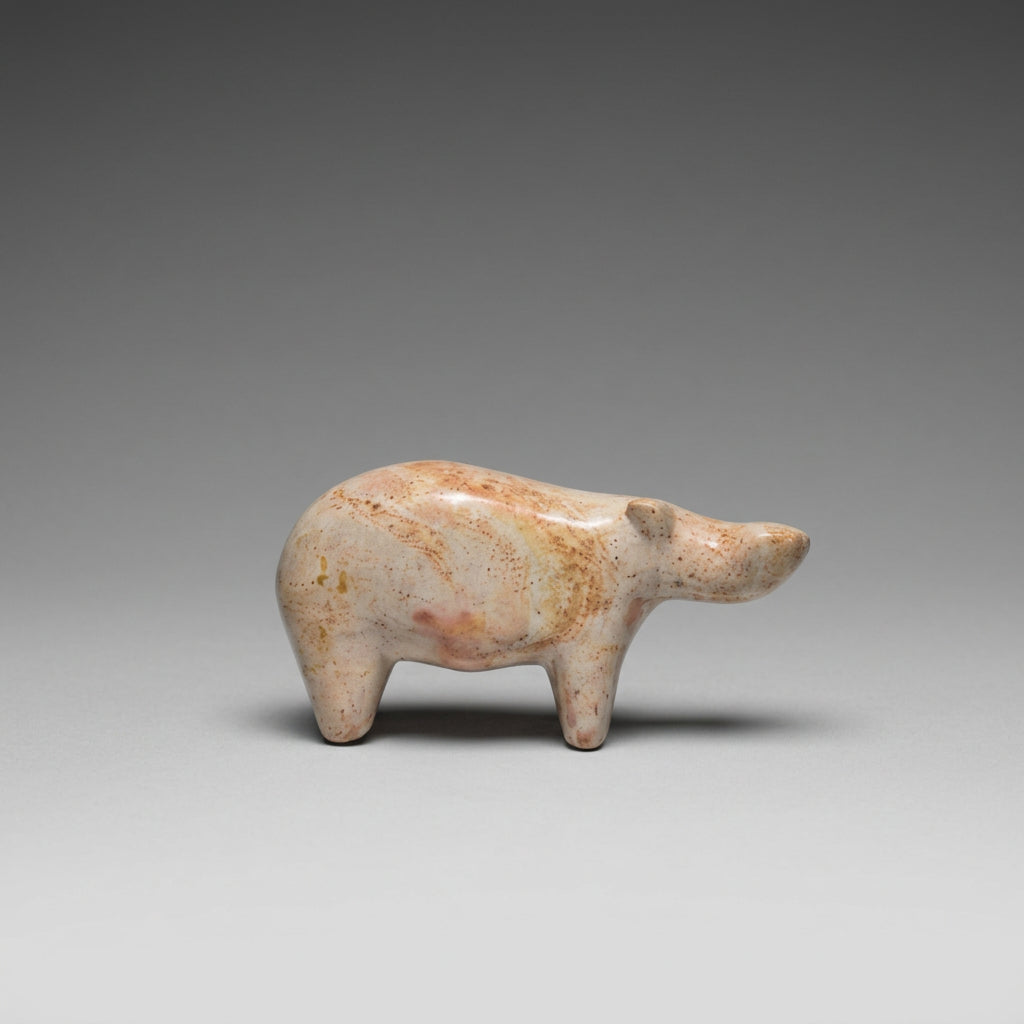 A small carved animal figurine, shaped like a hippo, made from a light beige stone with natural orange-brown marbling, set against a dark gray gradient background.