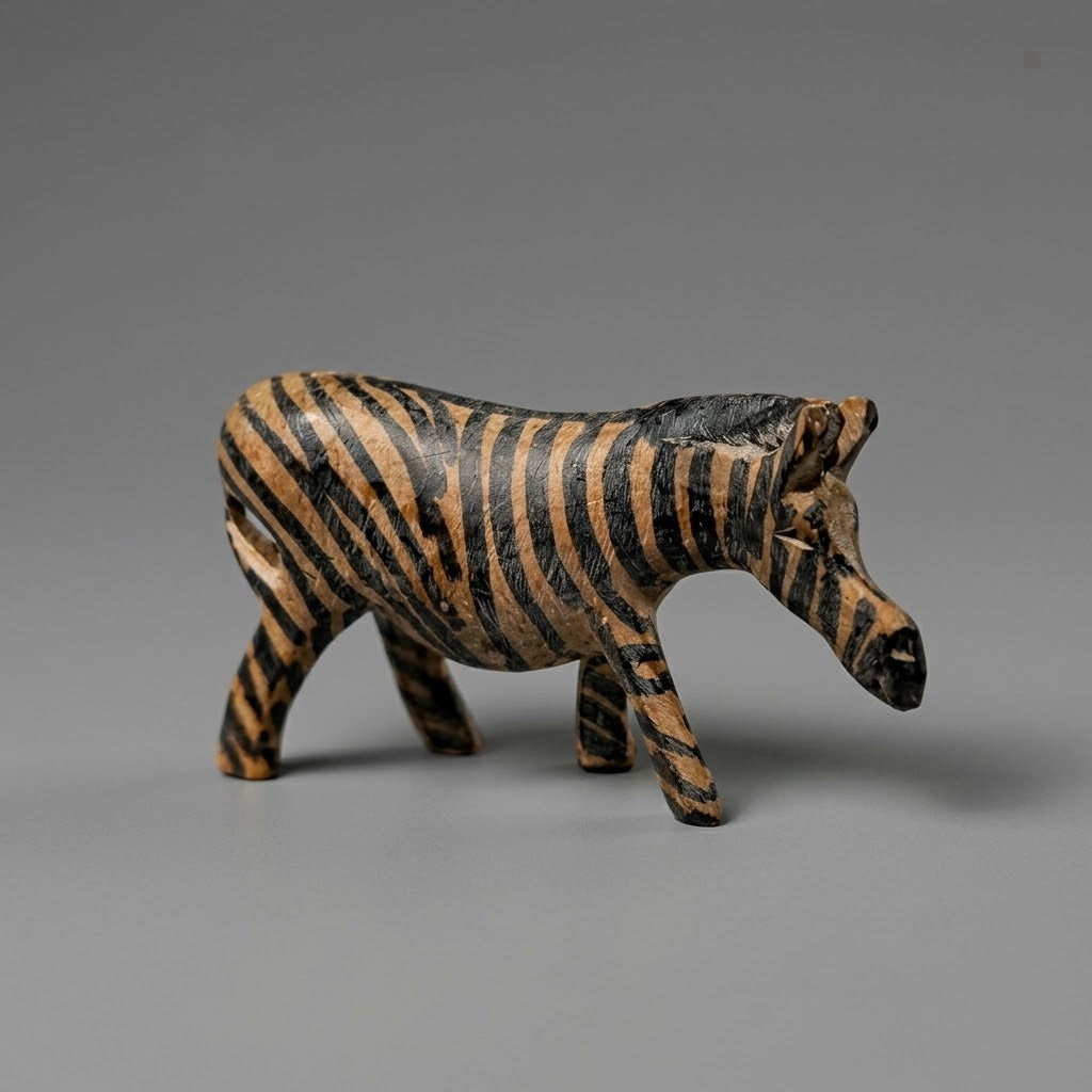 A small carved zebra figurine with black and tan stripes, standing on a smooth gray studio background.