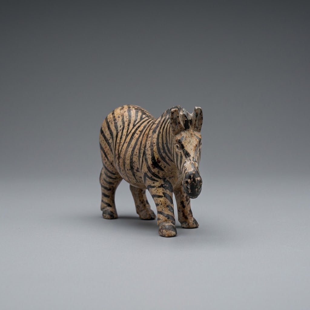 A small zebra figurine with black and brown stripes on a light beige body, standing on a neutral gray background.