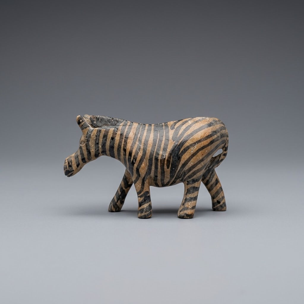 A small zebra figurine with a natural tan wood body and dark brown to black painted stripes, shown in profile against a neutral gray studio background.