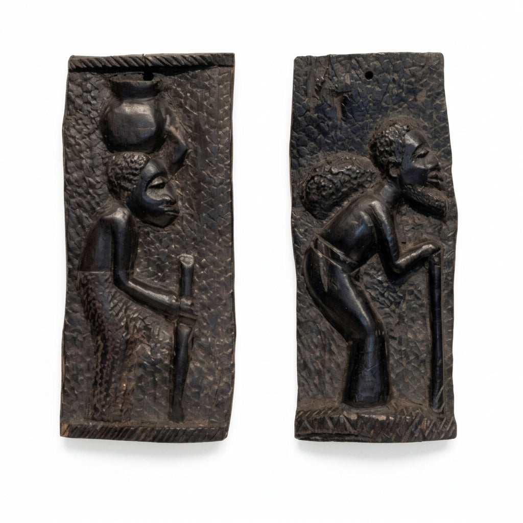 African male and female carved wall plaques